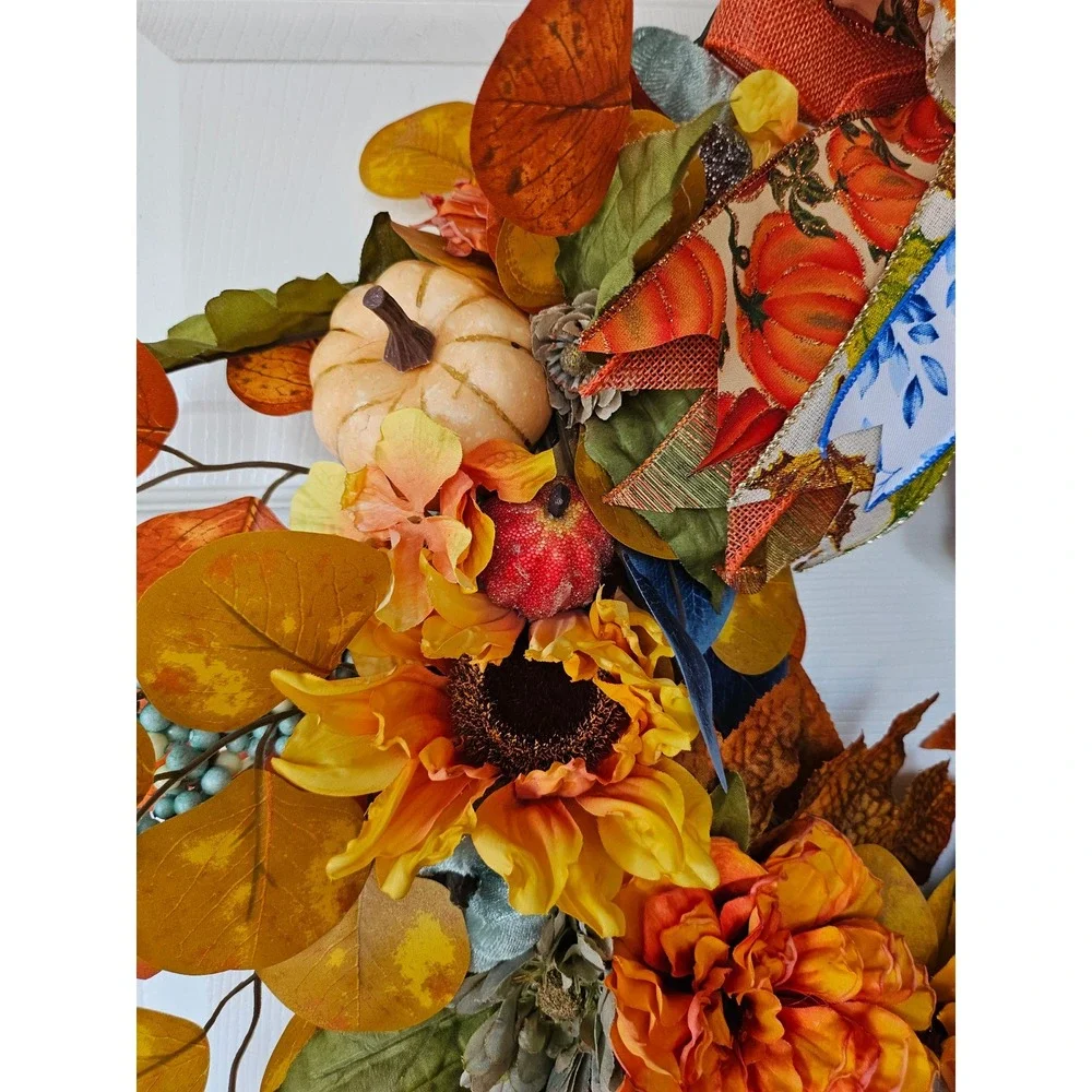 Handmade Fall Wreath Autumn Front Door Decor Teal Orange Pumpkins Sunflowers 24